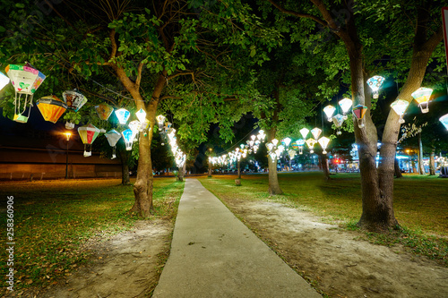Taitung, Taiwan - December 1, 2018: Beautiful creative lantern light was hang on the trees for show in the park of Tiehua Art Music village at Taitung city in Taiwan.
