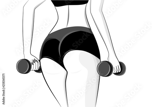 outline style woman athlete with dumbbells in her hands stands back close-up, isolated on a white background horizontal vector illustration