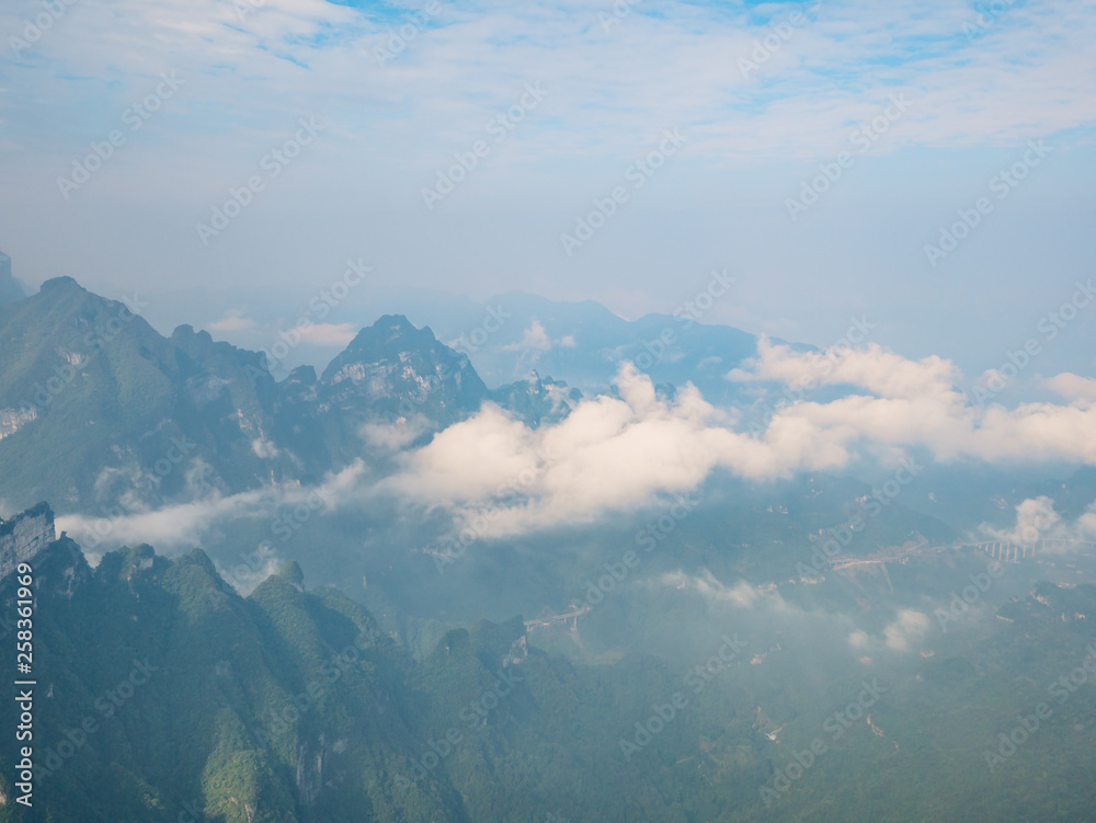beautiful view on Tianmen mountain with clear Sky in zhangjiajie city China.Tianmen mountain the travel destination of Hunan zhangjiajie city China