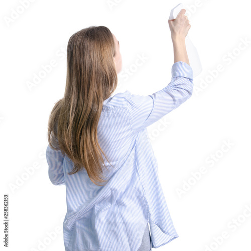 Woman housewife cleaning bottle spray rag in hand on white background isolation