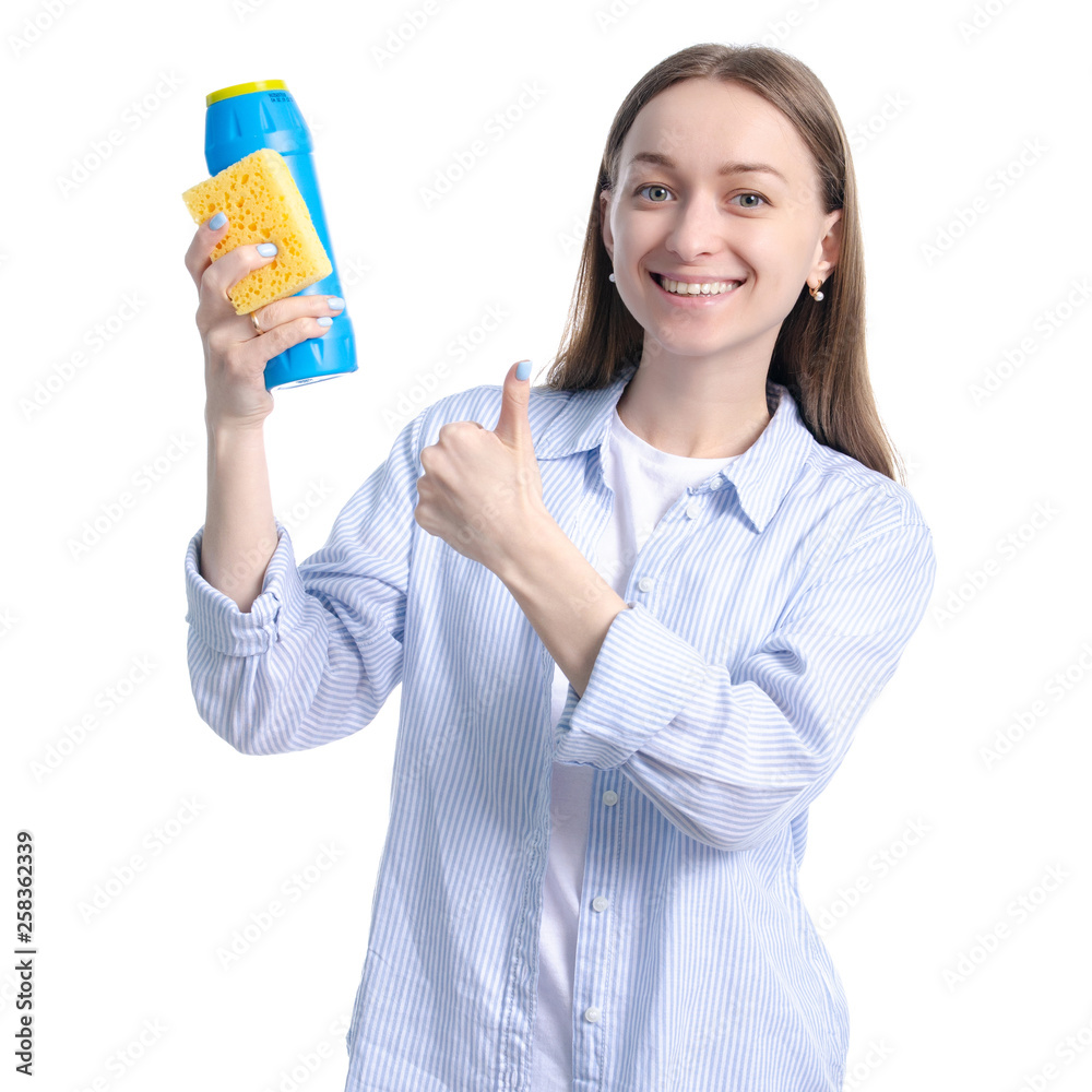 Woman housewife cleaning sponge and blue bottle detergent powder in hand on white background isolation Woman housewife cleaning sponge and blue bottle detergent powder in hand on white background isolation