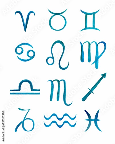 Watercolor zodiac set with 12 blue zodiac signs on a white background.  Illustration.