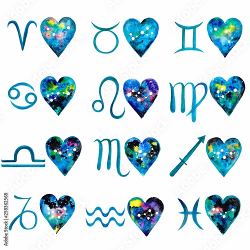 Watercolor beautiful zodiac set of 12 blue zodiac signs and 12 galaxy hearts with zodiac constellations on a white background. Isolated. Illustration.