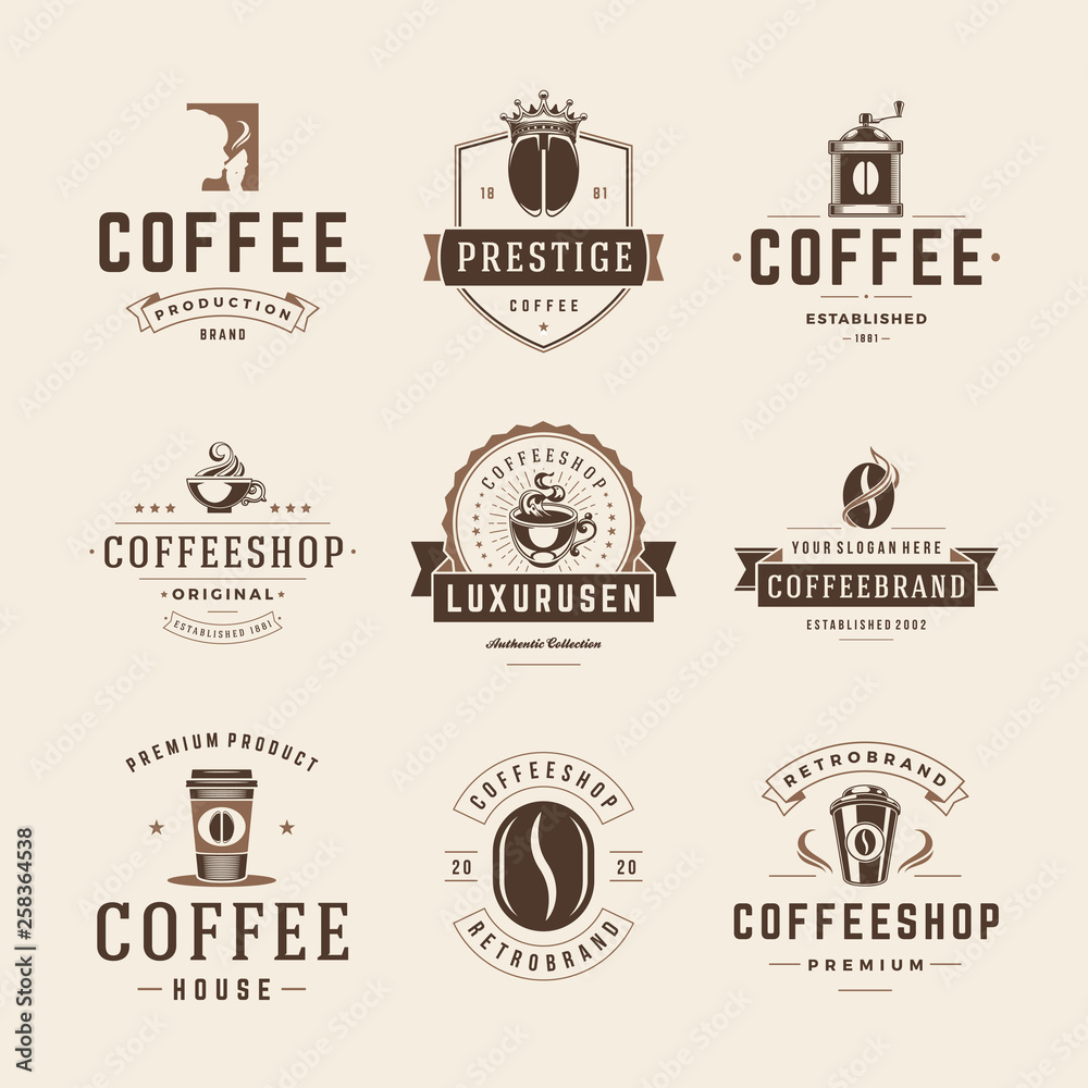 Coffee shop emblems and badges templates set. Vector objects for labels, prints design.