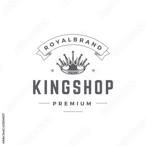 King crown emblem template with typography. Royal crown silhouette isolated on white background.