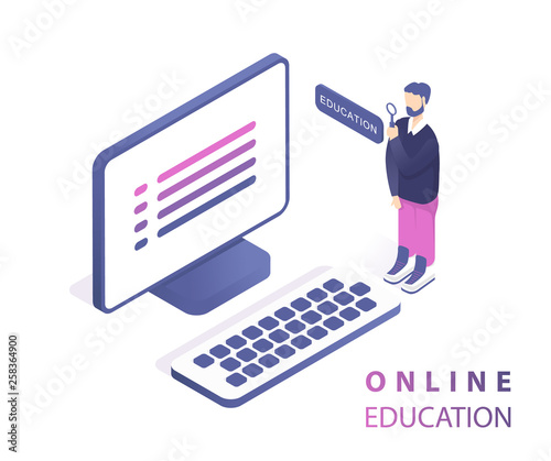 Online education concept banner with characters. Flat isometric vector illustration isolated on white background. Web banner, infographics, hero images and mobile app.