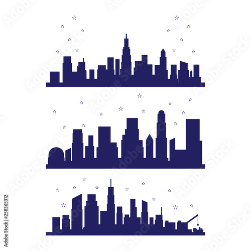Set of metropolis city silhouette with fireworks celebration vector illustration element