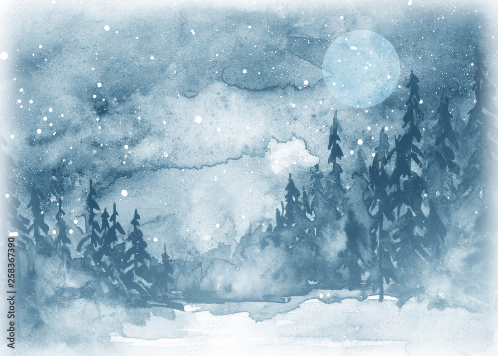 Watercolor painting, illustration, greeting card. Forest, suburban landscape, silhouettes of fir trees, pines, trees and bushes, the night sky with stars, moon. Blue, Gray color.