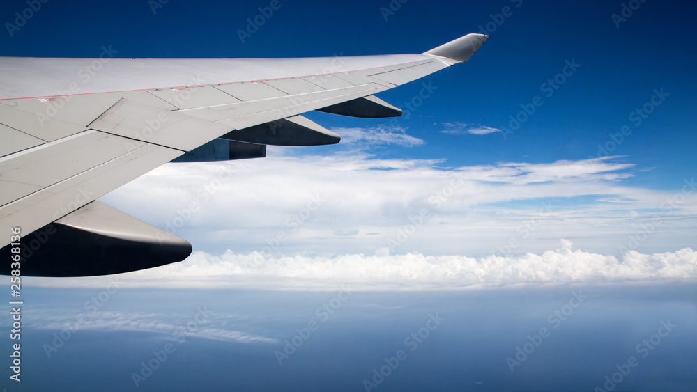 Fototapeta premium Traveling by air. Plane wing in flight. Beautiful sky and wonderful clouds