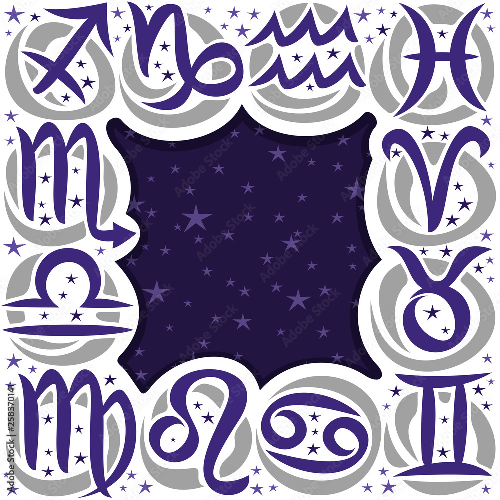 Vector frame for Astrology, cut paper border with twelve zodiac signs and dark background for writing horoscope, placard with collection of 12 astrology symbols and copy space with night sky stars.