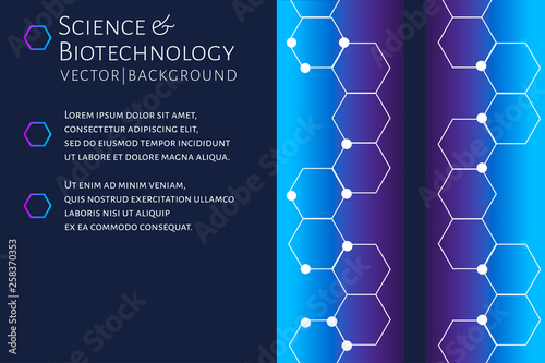 Modern background with hexagons, chemical bonds, molecules pattern. Medicine, science, biotechnology, pharmacology innovation concept. Place for text. Dark backdrop. Vector EPS 10 illustration..