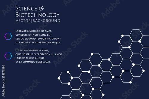 Modern background with hexagons, chemical bonds, molecules pattern. Medicine, science, biotechnology, pharmacology innovation concept. Place for text. Dark backdrop. Vector EPS 10 illustration..