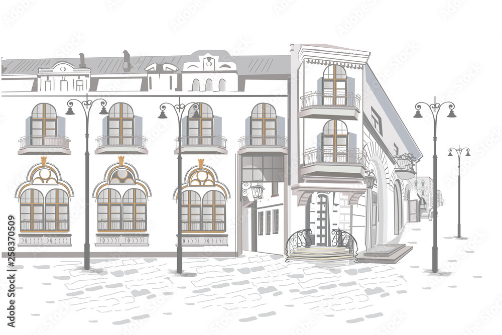 Series of backgrounds decorated with flowers, old town views and street cafes.    Hand drawn vector architectural background. 