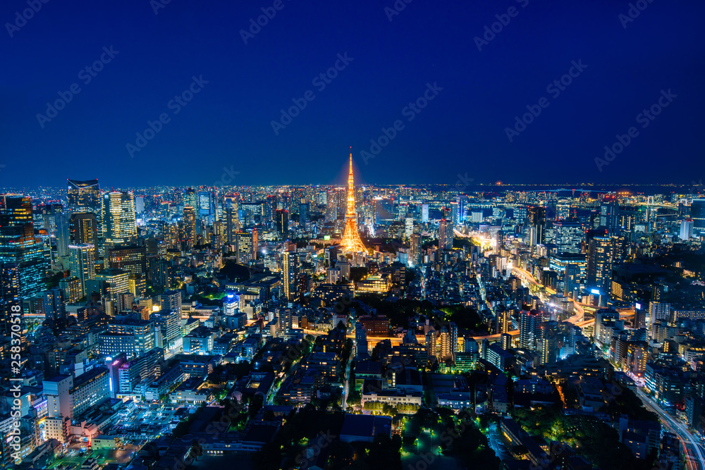 Tokyo tower night time, wide angle view, Japan.