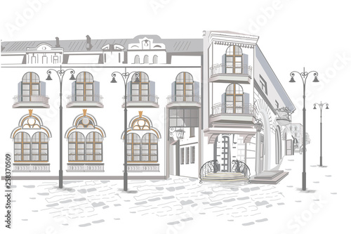 Series of backgrounds decorated with flowers  old town views and street cafes.    Hand drawn vector architectural background. 