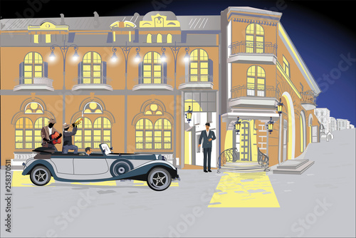 Series of colorful retro street views with fashion people in the old city. Hand drawn vector architectural background with historic buildings. Street musicians. © Anna Laifalight