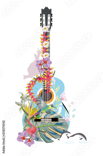 Abstract guitar decorated with summer and spring flowers, palm leaves, notes, flamingo. 