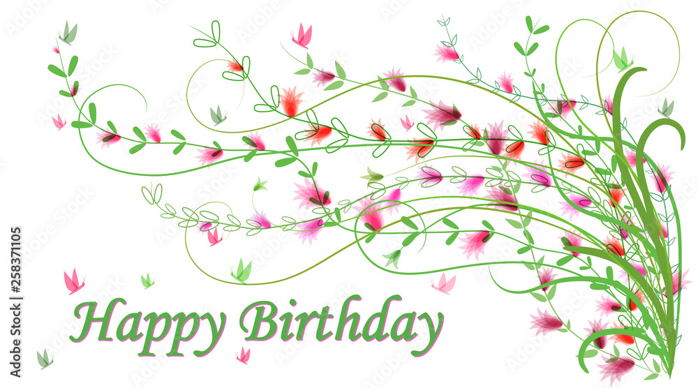 Birthday card. Greeting card in vintage style on a white background. Happy  Birthday. Delicate curly bush with pink abstract flowers. Flying butterfly.  Vector Stock Vector | Adobe Stock