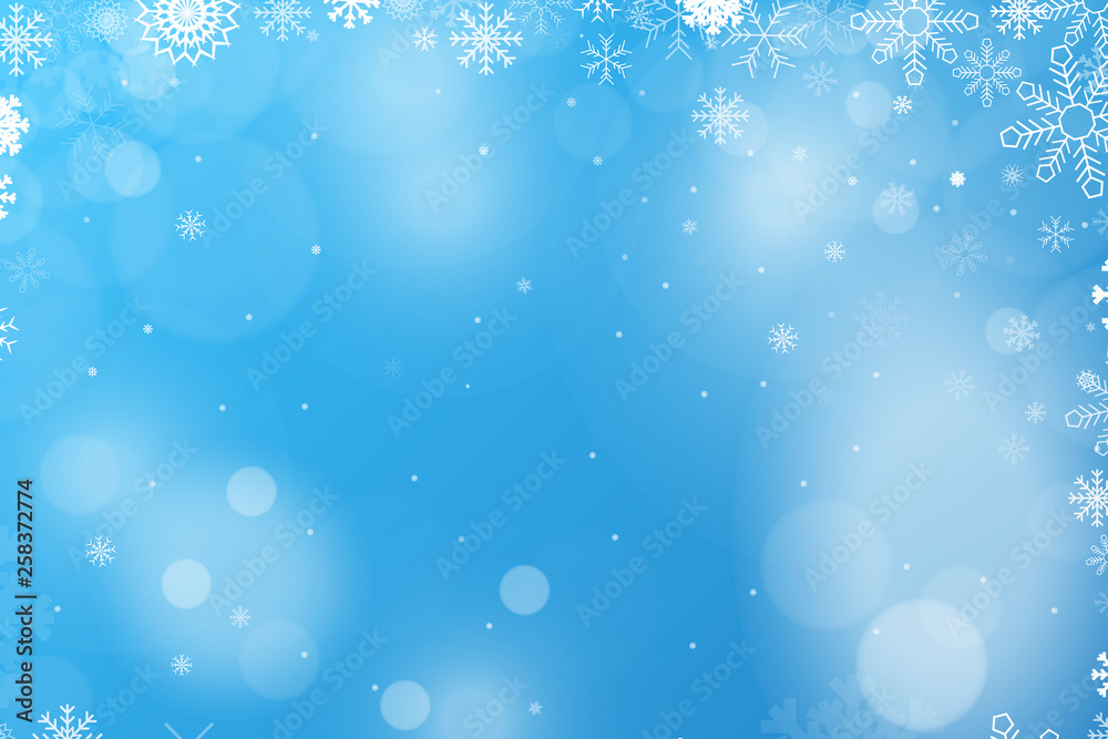 Abstract Winter Background with Variable Snowflakes and Blue Background Color