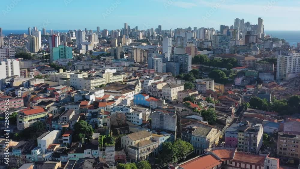 Aerial view of cityscape of Salvador (capital of Bahia), historic city center (Pelourinho) in foreground, modern city skyline in background - landscape panorama of Brazil from above, South America Aerial view of cityscape of Salvador (capital of Bahia), historic city center (Pelourinho) in foreground, modern city skyline in background - landscape panorama of Brazil from above, South America