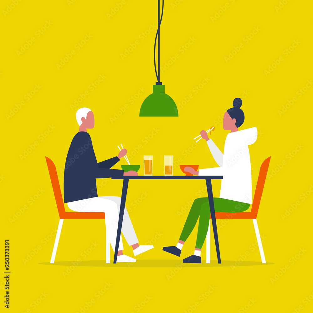 Young couple eating ramen with the chopstics. Date. Restaurant. Daily life. Flat editable vector illustration, clip art