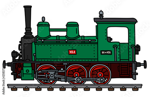 The vectorized hand drawing of a classic green small steam locomotive