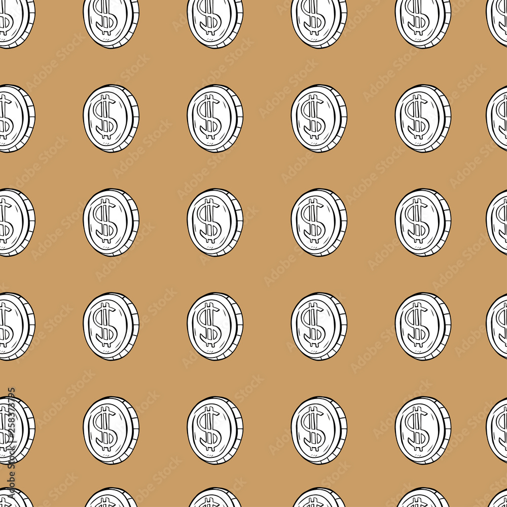 Cartoon style vector doodle illustration of white dollar coin pattern. Great design for flyer, card, banner, poster. Drawing isolated on brown background. Money, business, economy, cash, currency