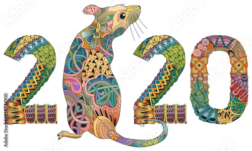 Zentangle stylized rat number 2020. Hand Drawn lace vector illustration