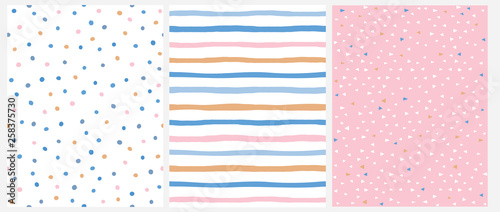 Cute Pastel Color Geometric Seamless Vector Patterns.Pink, Blue and Yellow Polka Dots and Vertical Stripes on a White Background. Tiny Triangles on a Pink. Lovely  Infantile Repeatable Design. 