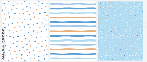 Cute Pastel Color Geometric Seamless Vector Patterns. Blue and Yellow Polka Dots and Vertical Stripes on a White Background. Tiny Triangles on a Blue Layout. Childish Endless Texture.