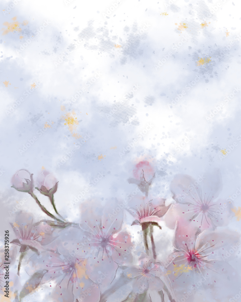 Blank Textured Surface Decorated with Pink Spring Flowers. Romantic Design for Print, Greeting Card, Poster, Invitation, Banner etc. 