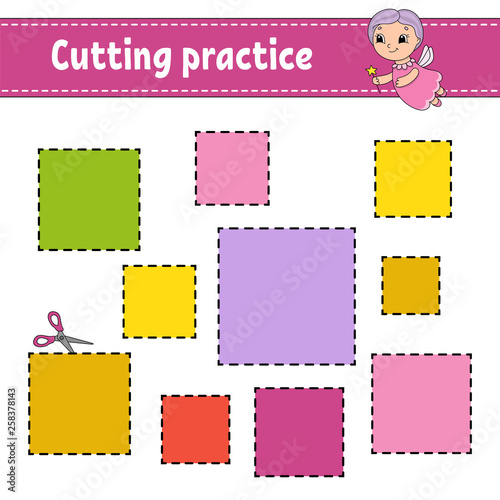 Cutting practice for kids. Education developing worksheet. Activity page with pictures. Game for children. Isolated vector illustration. Funny character. Cartoon style.