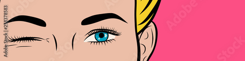 Pop art poster. Female eyes on pink background. The girl winks. Close up. Flyer template. Vector illustration in comic style.