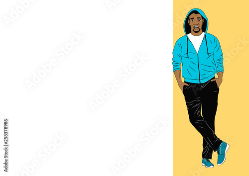 African student in hoodie with a blank poster. Place for your text. Advertising poster template. Vector illustration