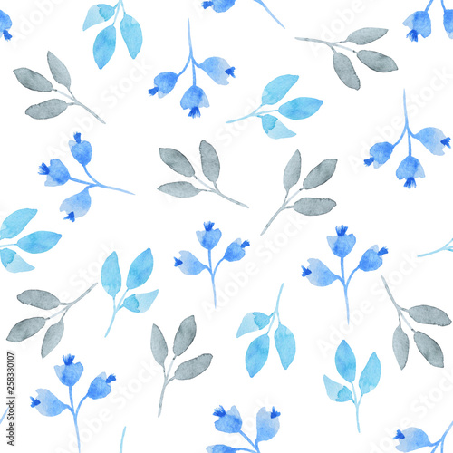 Watercolor pattern of blue leaves on the white backgroun