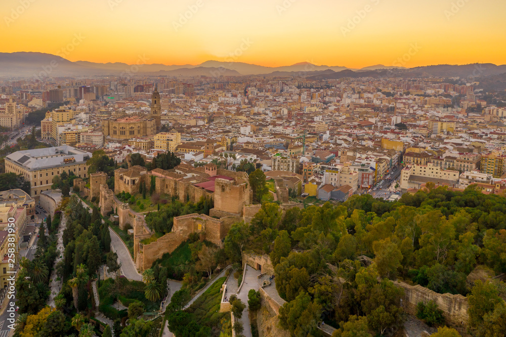 Malaga aerial view of the Alcazaba, cathedral and port