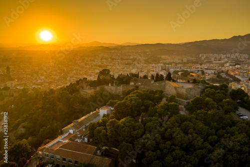 Malaga aerial view of the Alcazaba, cathedral and port