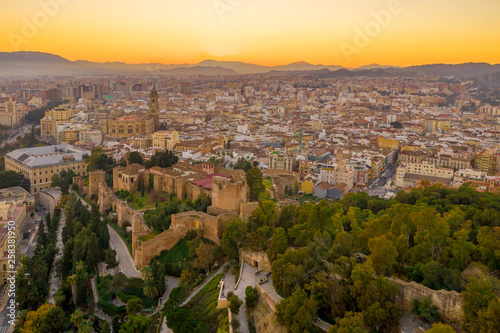 Malaga aerial view of the Alcazaba  cathedral and port