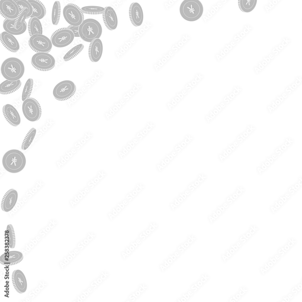 Chinese yuan coins falling. Scattered black and wh Chinese yuan coins falling. Scattered black and wh