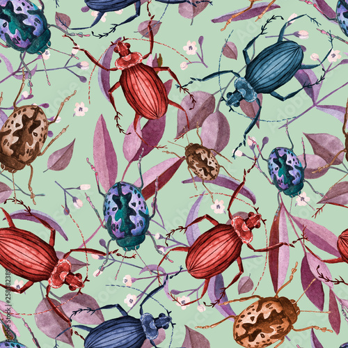 Seamless pattern with watercolor beetles ,branches and flowers