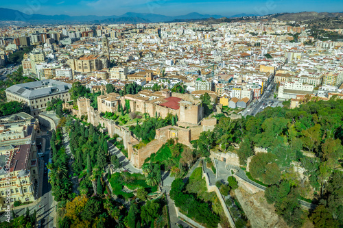 Malaga aerial view of the Alcazaba, cathedral and port