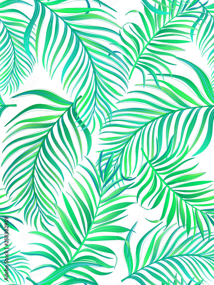 Tropical vector seamless background. Jungle pattern with palm leaves.
