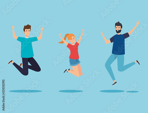 set boys and girl jumping with hands up