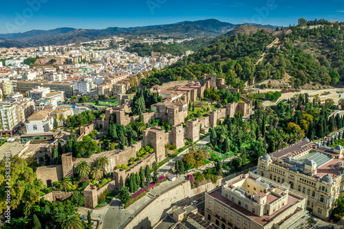 Malaga aerial view of the Alcazaba, cathedral and port