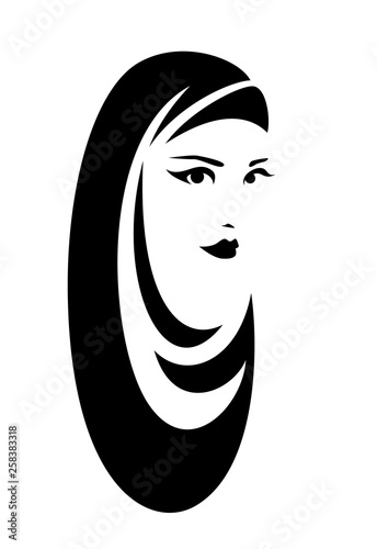 beautiful woman wearing traditional muslim hijab head covering - black and white vector portrait