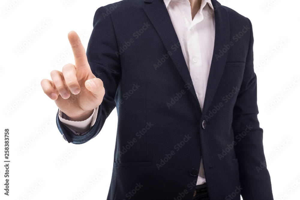 closeup the finger of businessman touching an imaginary screen closeup the finger of businessman touching an imaginary screen