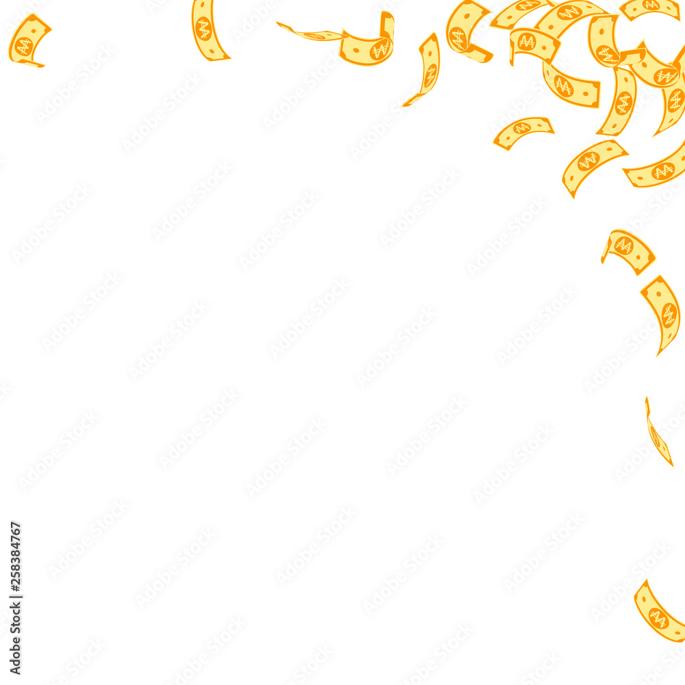 Korean won notes falling. Sparse WON bills on whit Korean won notes falling. Sparse WON bills on whit