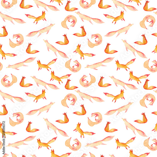 Cute orange red foxes watercolor seamless pattern on whitenavy background. Cartoon simple foxes playing, curled, jumping, sitting