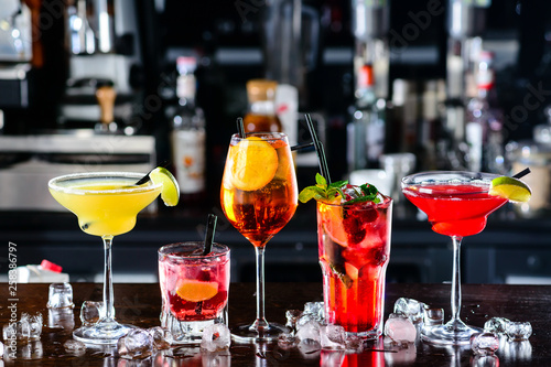 Selection of cocktails martini spritz in bar blurred background
