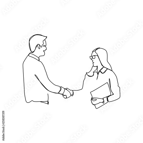 continuous line drawing of business meetings with handshakes.
